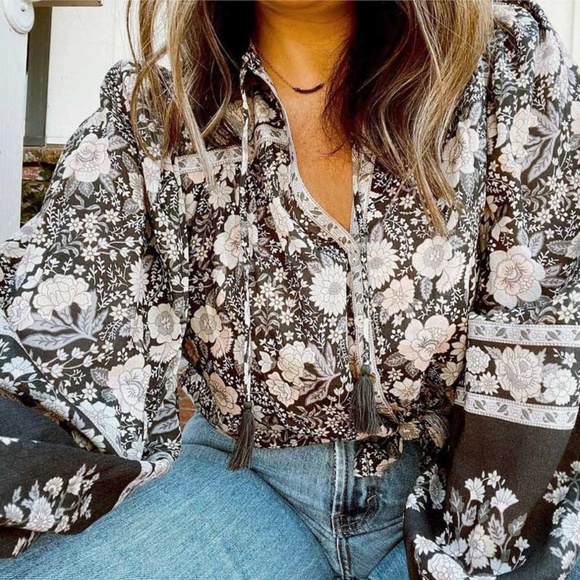 Tops - Bohemian Floral Print Tassel Tie Button up Oversized Blouse